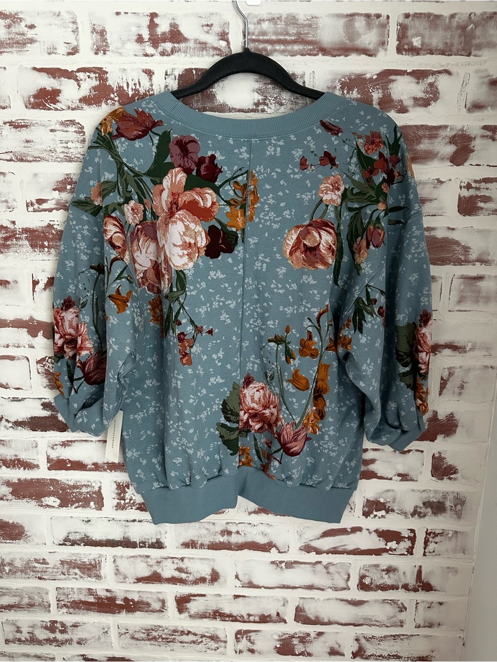 Pilcro Floral Bubble Sweatshirt in Dusty Blue with Pink & Orange Blooms - Picture 5 of 6